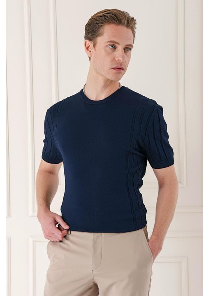 Slim Fit Bisiklet Yaka Kısa Kol Lacivert Triko Tr 869