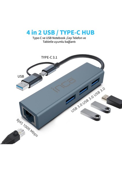 Inca IUTP-03TX Ethernet USB 3.0+Type-C 3.1 Grişli 000 Mbps 3x3.1usb Eternet-Çoklayıcı
