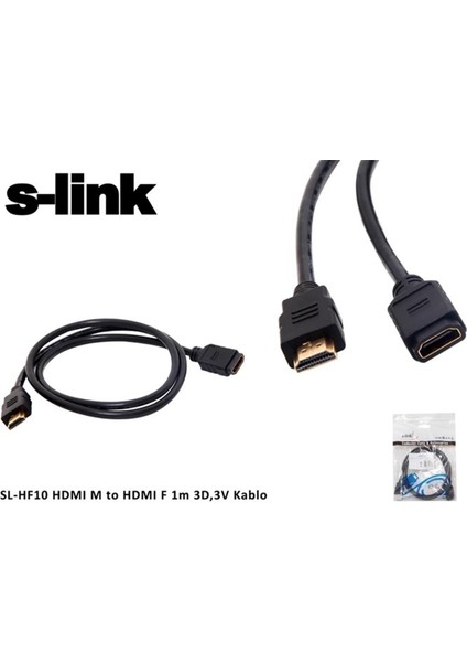 S-Link SL-HF10 Hdmı M To Hdmı F 1 mt 3D,3V Kablo Hdmı Erkek To Hdmı Dişi Uzatma