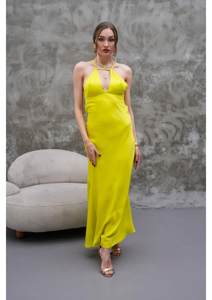 Saten Neon Sarı Midi Boy Elbise