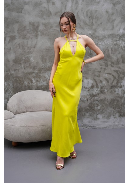 Saten Neon Sarı Midi Boy Elbise fiyatları