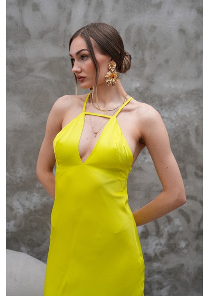 Saten Neon Sarı Midi Boy Elbise modelleri