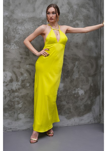 Saten Neon Sarı Midi Boy Elbise indirimleri