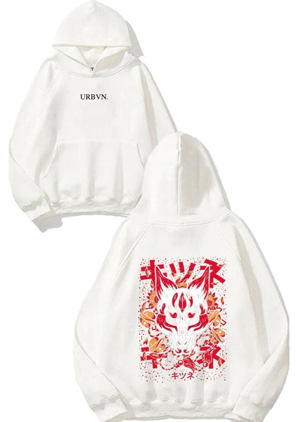 Fox Tasarım Baskılı Oversize Beyaz Kapüşonlu Sweatshirt
