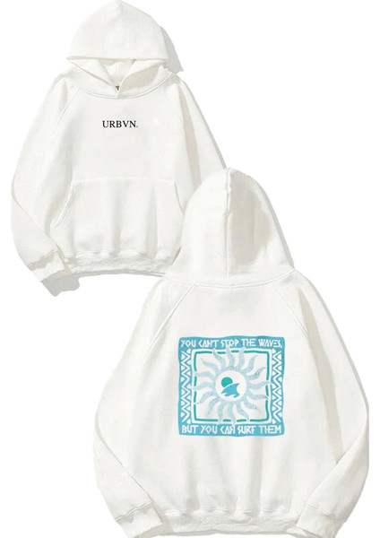 Waves Tasarım Baskılı Oversize Beyaz Kapüşonlu Sweatshirt