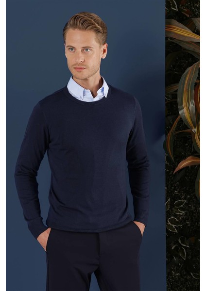 Tr 858 Slim Fit Lacivert Klasik Triko