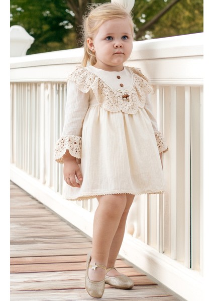 Kız Bebek Elbise Kız Çocuk Elbise Doğum Günü Parti Düğün Keten Uzun Kollu Astarlı Elbise