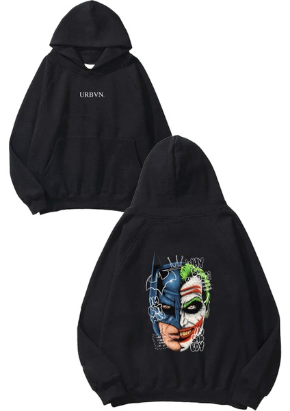 Joker Batman Yüz Tasarım Baskılı Oversize Siyah Kapüşonlu Sweatshirt