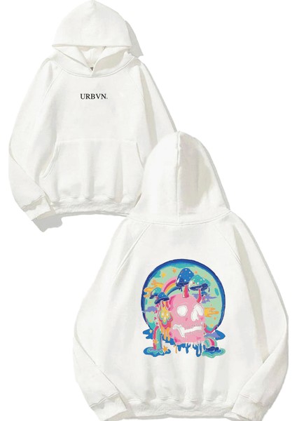 Magic Skull Tasarım Baskılı Oversize Beyaz Kapüşonlu Sweatshirt