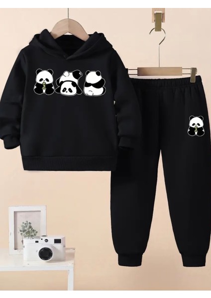 Özel Tasarım Kapüşonlu Şımarık Pandalar Baskılı %100 Pamuk Kışlık Erkek Çocuk Eşofman Takımı