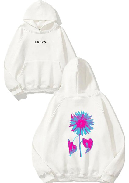 Pink Sunflower Tasarım Baskılı Oversize Beyaz Kapüşonlu Sweatshirt