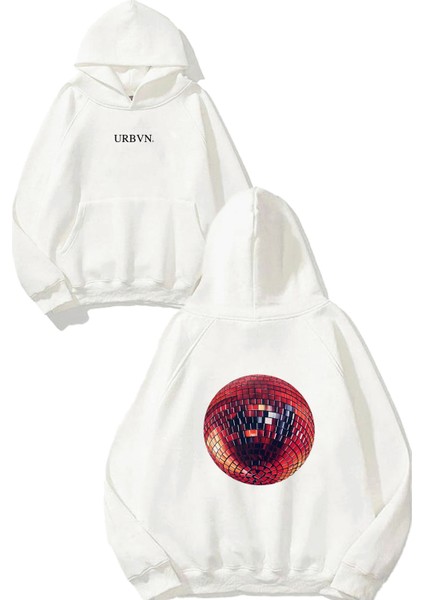 Disco Ball Tasarım Baskılı Oversize Beyaz Kapüşonlu Sweatshirt