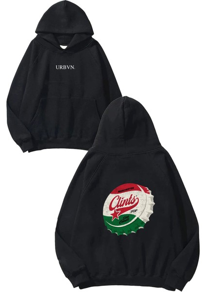 Clints Tasarım Baskılı Oversize Siyah Kapüşonlu Sweatshirt