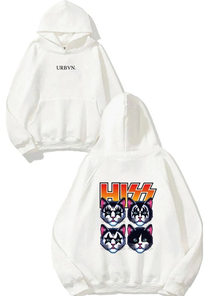 Hiss Cats Tasarım Baskılı Oversize Beyaz Kapüşonlu Sweatshirt