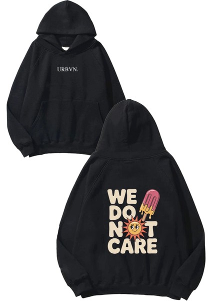 We Dont Care Tasarım Baskılı Oversize Siyah Kapüşonlu Sweatshirt