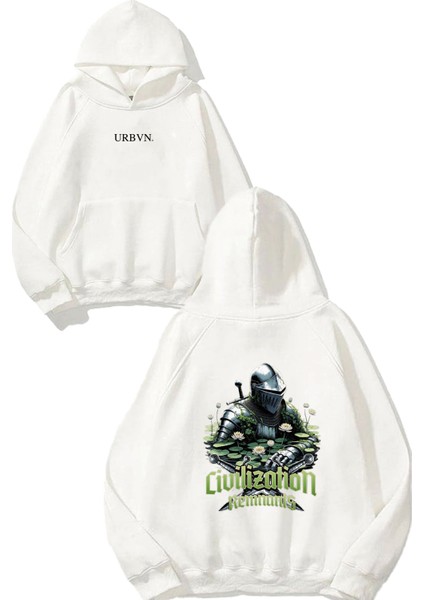 Civilization Tasarım Baskılı Oversize Beyaz Kapüşonlu Sweatshirt