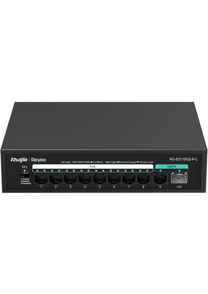 RUIJIE-REYEERG-ES110GS-P-L 8 Port Poe+ 10-100-1000 Mbps 1 Port 10-100-1000 Mbps Uplink + 1 Port Sfp