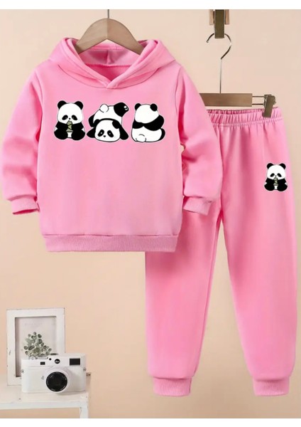 Özel Tasarım Kapüşonlu Şımarık Pandalar Baskılı %100 Pamuk Kışlık Erkek Çocuk Eşofman Takımı