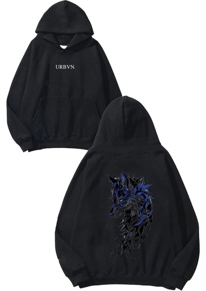 Wolf Blue Tasarım Baskılı Oversize Siyah Kapüşonlu Sweatshirt