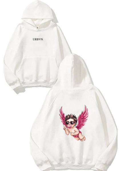 Peace Angel Tasarım Baskılı Oversize Beyaz Kapüşonlu Sweatshirt
