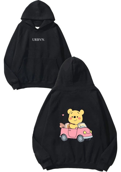 Winnie Car Tasarım Baskılı Oversize Siyah Kapüşonlu Sweatshirt