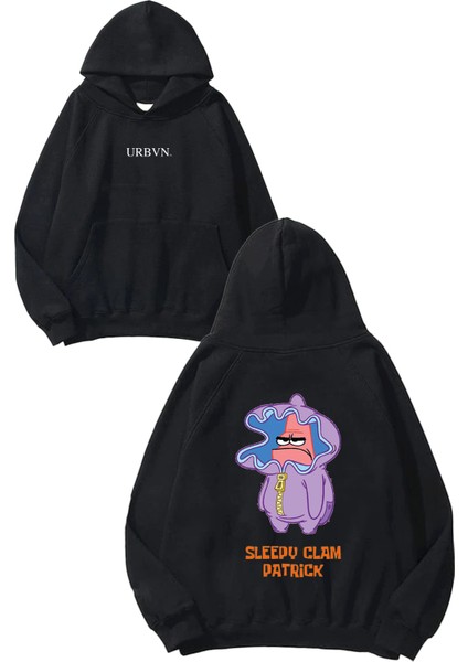 Sleepy Clam Patrick Tasarım Baskılı Oversize Siyah Kapüşonlu Sweatshirt