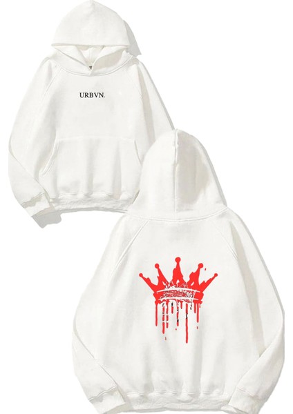 Taç Tasarım Baskılı Oversize Beyaz Kapüşonlu Sweatshirt