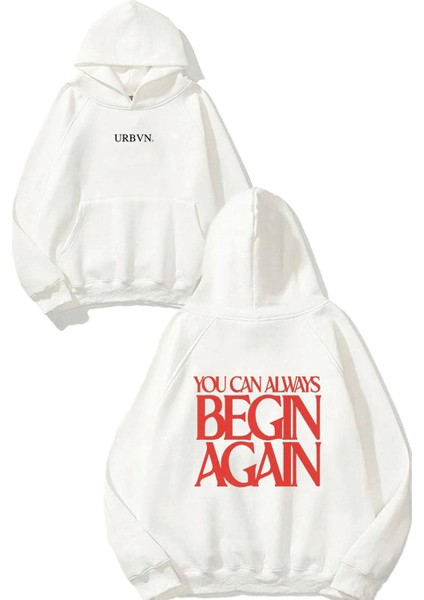 Begin Again Tasarım Baskılı Oversize Beyaz Kapüşonlu Sweatshirt