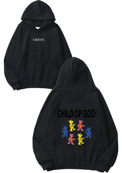 Child Of God Tasarım Baskılı Oversize Siyah Kapüşonlu Sweatshirt