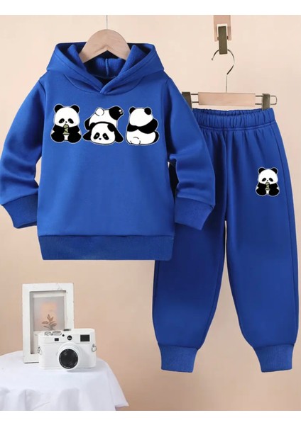 Özel Tasarım Kapüşonlu Şımarık Pandalar Baskılı %100 Pamuk Kışlık Erkek Çocuk Eşofman Takımı