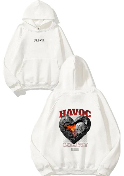 Rock Heart Tasarım Baskılı Oversize Beyaz Kapüşonlu Sweatshirt