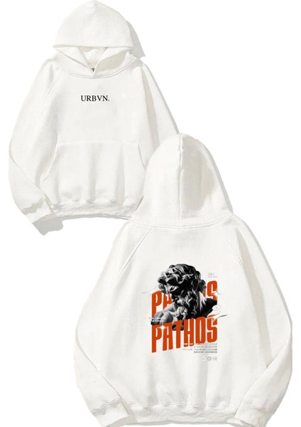 Pathos Tasarım Baskılı Oversize Beyaz Kapüşonlu Sweatshirt