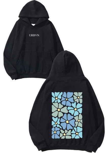 Blue Flowers Tasarım Baskılı Oversize Siyah Kapüşonlu Sweatshirt