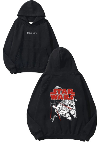 Star Wars Red Tasarım Baskılı Oversize Siyah Kapüşonlu Sweatshirt