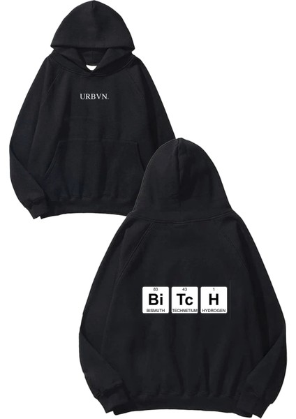 Btch Tasarım Baskılı Oversize Siyah Kapüşonlu Sweatshirt