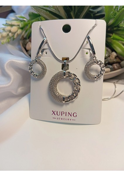 Silver Zirkon Taşlı Halka Detaylı Kolye Küpe Seti