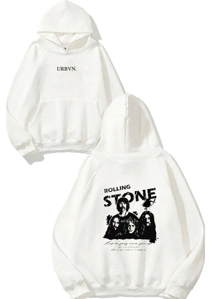 Rolling Stone Tasarım Baskılı Oversize Beyaz Kapüşonlu Sweatshirt
