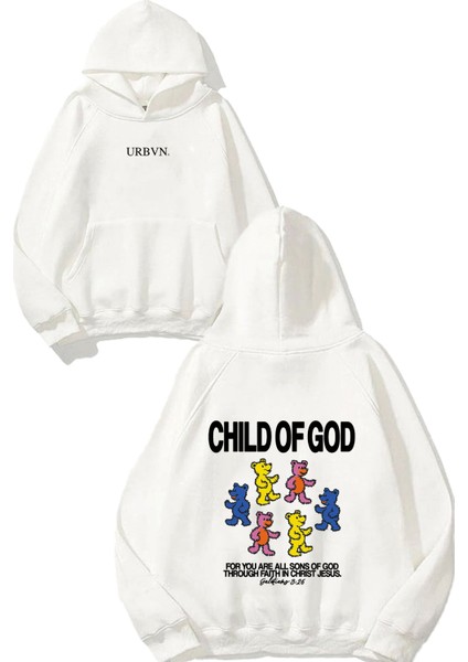 Child Of God Tasarım Baskılı Oversize Beyaz Kapüşonlu Sweatshirt