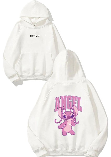 Angel Stich Tasarım Baskılı Oversize Beyaz Kapüşonlu Sweatshirt