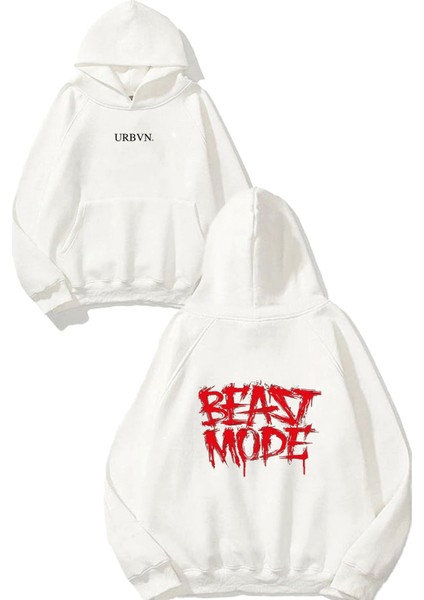 Beast Mode Tasarım Baskılı Oversize Beyaz Kapüşonlu Sweatshirt