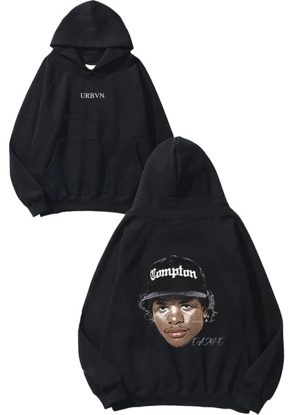 Eazy E Cap Tasarım Baskılı Oversize Siyah Kapüşonlu Sweatshirt