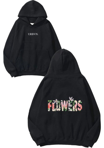 Flowers Tasarım Baskılı Oversize Siyah Kapüşonlu Sweatshirt