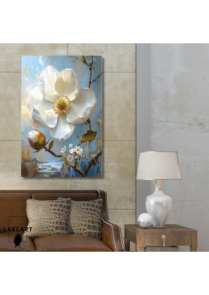 Tekli Dikey Kanvas Tablo Soyut Yağlı Boya Görünümlü Beyaz Çiçek