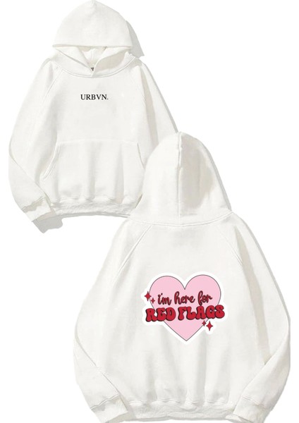 Red Flag Tasarım Baskılı Oversize Beyaz Kapüşonlu Sweatshirt