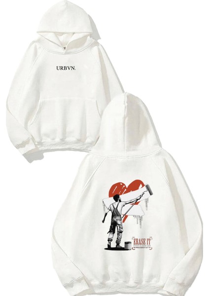Erase It Tasarım Baskılı Oversize Beyaz Kapüşonlu Sweatshirt