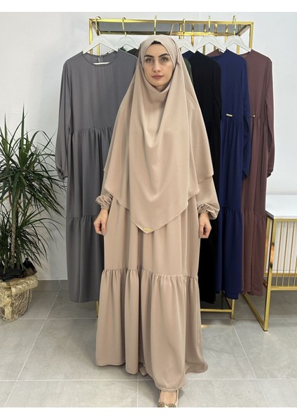 Ferace & Abaya Sufle Eşarp ve Iki Kat Büzgülü Elbise Takım.hijab .hac ve Umre Için Uygundur Bej