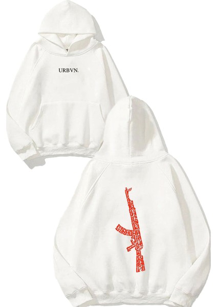 Red Gun Tasarım Baskılı Oversize Beyaz Kapüşonlu Sweatshirt