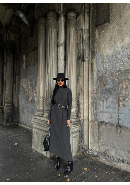 Boğazlı Kalın Bürümcük Uzun Elbise Siyah fırsatları