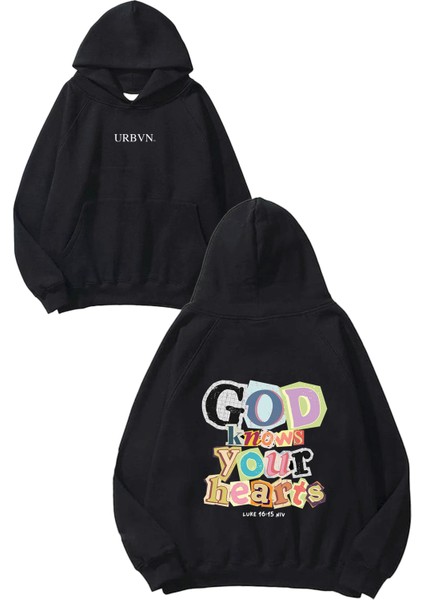 God Knows Tasarım Baskılı Oversize Siyah Kapüşonlu Sweatshirt