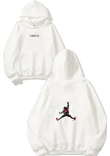 Spidey Tasarım Baskılı Oversize Beyaz Kapüşonlu Sweatshirt